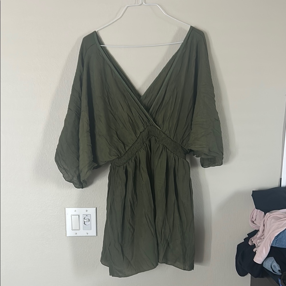 Green Ruched Wrap Sundress Coverup